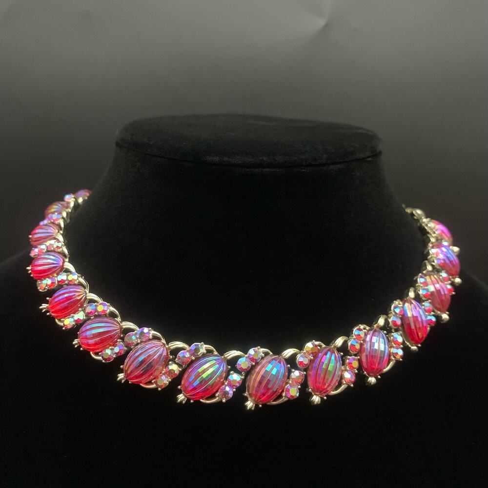 Vintage Signed Coro Melon Red AB Aurora Borealis Iridescent Rhinestone Necklace